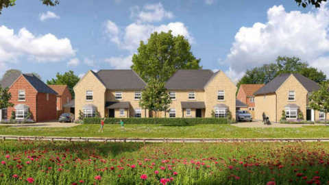 An architect's drawing of the designs for the homes, showing four detached properties in a row, with red and cream-coloured bricks and green space in front
