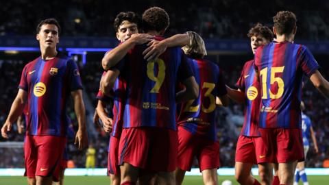 Hazma Abdelkarim of Barcelona celebrates his side's second goal during the pre-season friendly at Birmingham City
