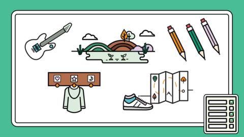 Information sheet showing graphics of guitar, coat on pegs, natural world, pencils, a map and trainers.