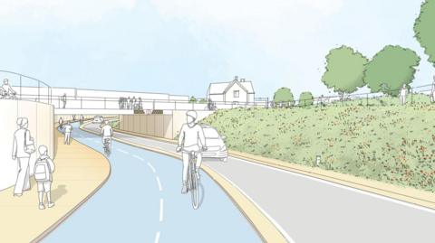 An artist impression of the underpass replacement at the London Road level crossing. People are shown walking and cycling, and a car driving.