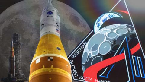 The moon in the background with a shot of the Artemis rocket in the distance, followed by a close up and then the mission crest. 
