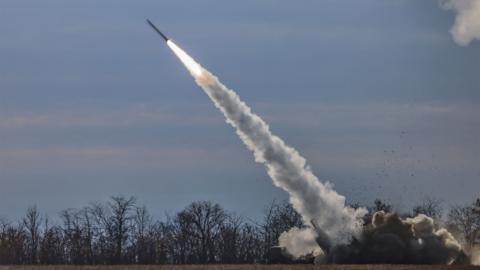 A High Mobility Artillery Rocket System (HIMARS) of Ukrainian army fires close to the frontline at the northern Kherson region, Ukraine, 05 November 2022