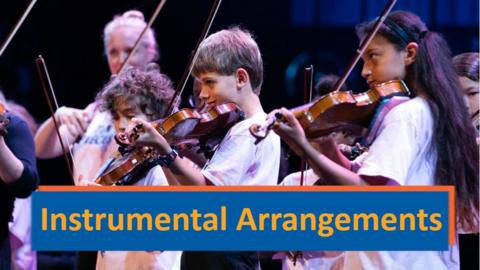 Text saying Instrumental arrangements in front of image of pupils playing string instruments.