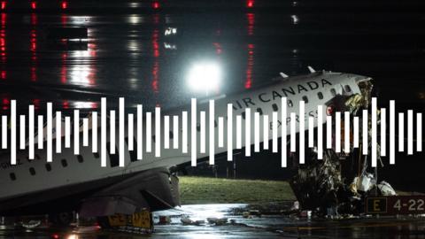 Audio waves are seen with an image of a passenger plane hat collided with a fire truck while landing at LaGuardia Airport.
