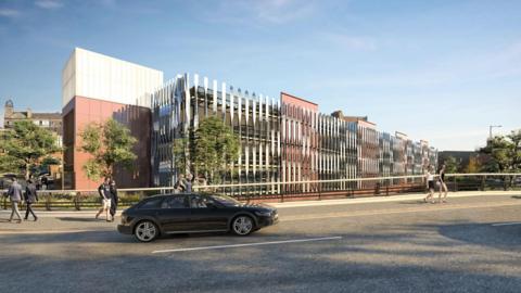 An artist's impression that includes a modern building of multiple coloured slats in black and white with red and white facia amongst the slats. There is a road with a black car and people walking. There are also trees.