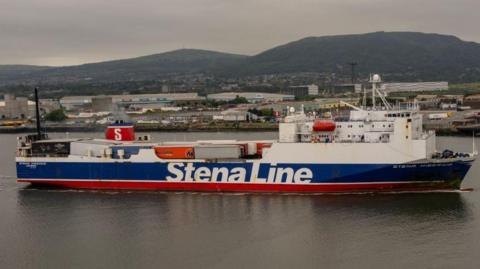 A Stena Line roll on roll off ferry underway on the River Lagan, Port of Belfast, Northern Ireland