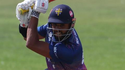 Durham batter Emilio Gay drives off the back foot during the One-Day Cup
