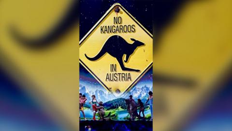 An image of a yellow sign with a picture of a kangaroo that reads 'no kangaroos in Austria'