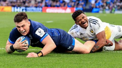 Dan Sheehan scores a try in the Champions Cup quarter-final victory over La Rochelle