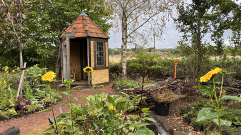 A small hut with a tiled roof sits among a garden of yellow flowers, trees, and woven fencing, with tools and plants arranged nearby. The scene overlooks open countryside under a cloudy sky.
