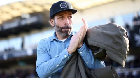 Bristol Rovers boss Inigo Calderon claps the fans during the 3-2 defeat at home to Rotherham