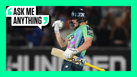 Jordan Cox of Oval Invincibles fist pumps holding a cricket bat