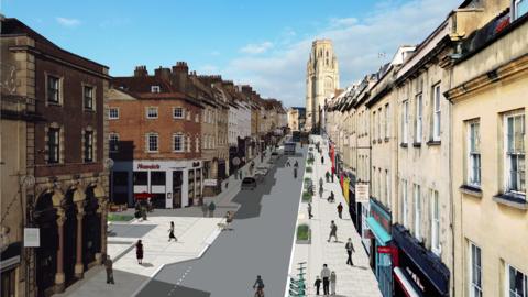 An artist's impression of Park Street from the bottom of the hill, showing extended pavements, planters, and blocked off roads. 