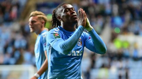 Coventry City forward Brandon Thomas-Asante (23) scores a goal and celebrates 1-0 during the EFL Cup match between Coventry City and Oxford United.