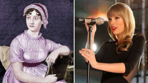A portrait of Jane Austen next to a portrait of Taylor Swift