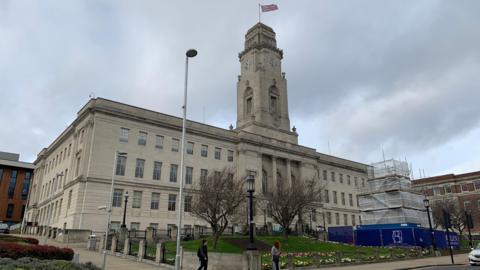 Barnsley Town Hall, a large, light-colored building constructed in a classical architectural style.