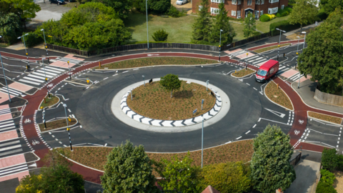 An aerial view of the Dutch-style roundabout on Fendon Road, Cambridge, unveiled in July 2020 and the first of its kind in the UK