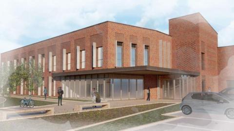 A CGI image showing a brown brick building with two floors. In front of the building is grass and four people walking on a footpath. There is a car park to the right with two cars in.