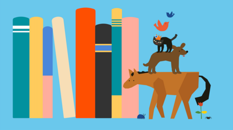 An illustration depicting stacked books next to animals, such as a horse, dog and cat. 