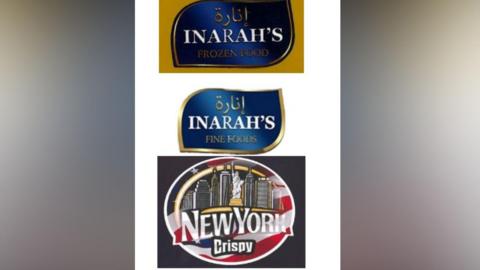 Three food labels in a vertical line. The top one says Inarah's Frozen Foods, the middle one says Inarahs's Fine Foods and the bottom one says New York Crispy. 