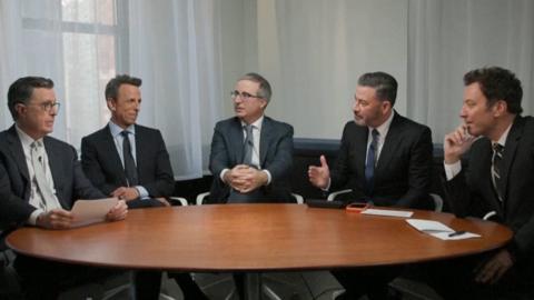 Stephen Colbert, Seth Myers, John Oliver, Jimmy Kimmel and Jimmy Fallon are pictured.