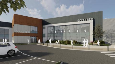 An artist's impression of how the new Goole Hub will look, with a modern glass-fronted building