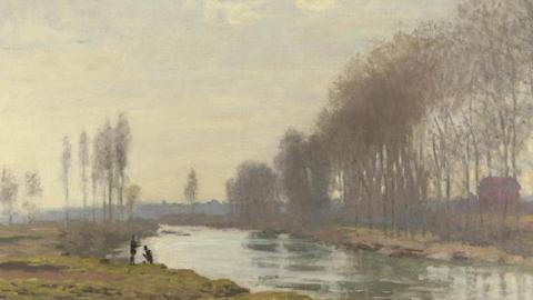 Monet's Petit Bras of the Seine at Argenteuil oil painting with a row of trees on one side of the River Seine with two figures in silhouette by the river bank on the left hand side