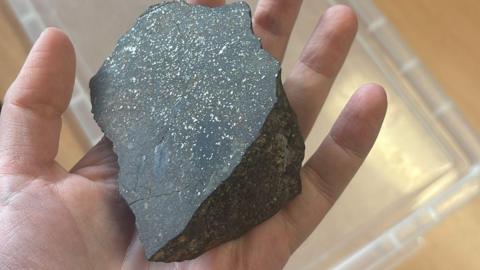 A hand holding a lump of dark meteorite. The rock is dark with silver spots all over its flat side. It is being held above a light wood table with a clear plastic lid on top of it.