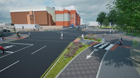 Visualisation of cycle path, road and football stadium with pedestrians