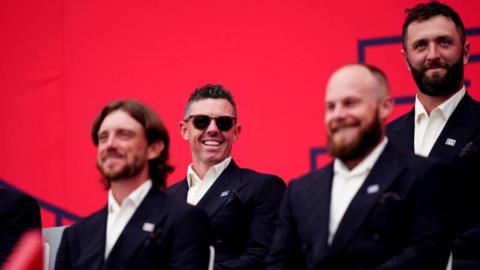 The Europe team at the opening ceremony for this year's Ryder Cup. Rory McIlroy is the middle wearing sunglasses and smiling