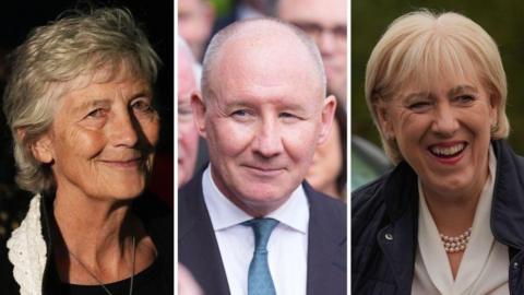 Compilation image of Catherine Connolly, Jim Gavin, Heather Humphreys. Catherine wears a black jacket with white trim and she has short white hair. Jim wears a navy suit with a white shirt and blue tie. Heather wears a white blouse and a navy jacket. She has blonde short hair.