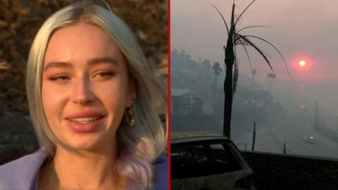 Split screen showing woman looking upset and the hazy sun rising over a charred car and tree