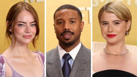 A composite image of Emma Stone, Michael B Jordan and Jessie Buckley