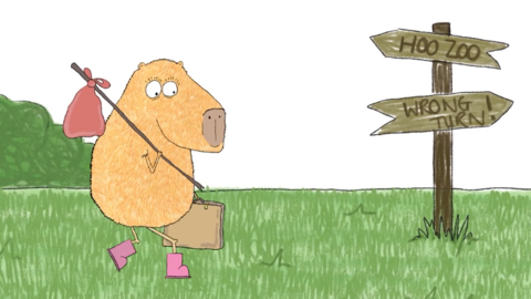 A scene from an animated cartoon. An orange capybara is walking on green grass, wearing pink boots, carrying a brown briefcase and a red bindle over her shoulder. Ahead of her is a brown direction sigh that says "hoo zoo" on the arrow pointing left, and "wrong turn" on the arrow pointing right