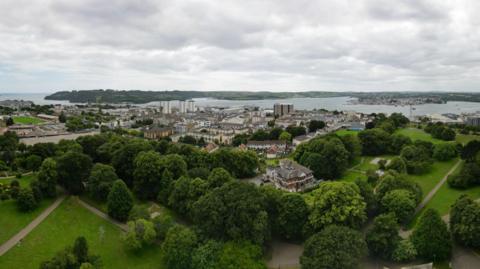 Aerial panorama of Tamar & Hamoaze, Plymouth, Devon, showing Devonport dockyard and Plymouth Sound
