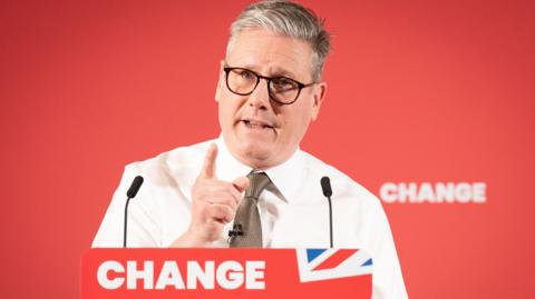 Labour Party leader Sir Keir Starmer delivers a speech to supporters, members and local people during his visit to Lancing in West Sussex, while on the General Election campaign trail. 