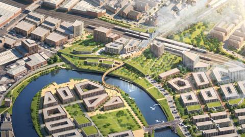 A CGI of the proposed masterplan. The station is on the top right of the image, and then there are office blocks and apartment buildings centred around a river.