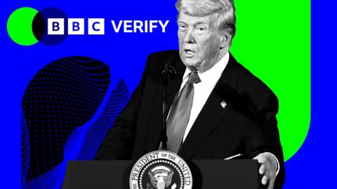 Donald Trump speaks at a lectern. The background is the BBC Verify colours.