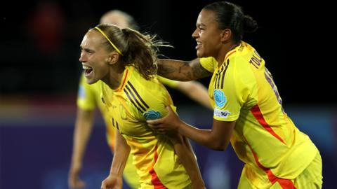 Janice Cayman of Belgium celebrates scoring her team's second goal during the UEFA Women's EURO 2025 Group B match between Portugal and Belgium 