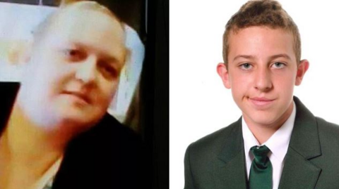 Sarah Sisson (left) has blonde hair and Harvey Belshaw is wearing a school uniform and has short cropped hair. He is smiling at the camera. 