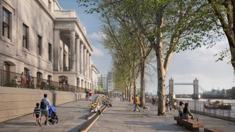 An artist's impression of a riverside public space, with the large historic Customs House building on the left, and the River Thames to the right, with Tower Bridge visible in the background. The riverside is lined with tall leafy trees, and there are steps leading up to the building and railings running along the riverside. There are benches next to the river, and numerous people are walking around and sitting on the benches and steps.