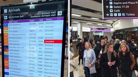 A departure board and people are crowded in the hub. 