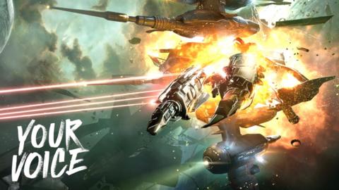 A detailed space combat scene from EVE Online showing a large, spherical space station or defence platform with protruding cannons and antennae suspended in orbit near a planet. In the foreground, a sleek, armoured spacecraft is being struck and erupting in a bright orange explosion, with fragments and debris scattering outward. Multiple red laser beams streak across the scene from left to right, aimed toward the exploding ship. Surrounding the central action are several other spacecraft of varying sizes, partially silhouetted against a green nebula backdrop filled with stars and drifting clouds of gas. A curved planetary surface is visible along the left edge, while harsh lighting from the explosion and weapon fire highlights metallic textures and creates strong contrast against the darker vacuum of space.