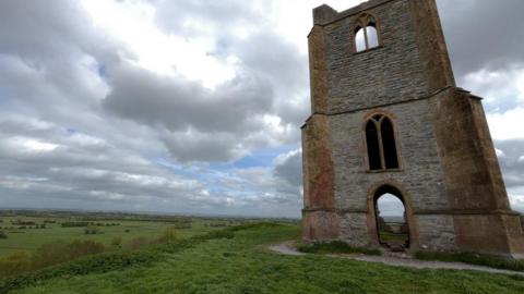 A close view of church ruins on Berrow Mump