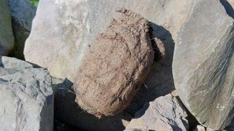 The grenade on top of the stone wall. It is an oval shape and covered in soil with grid-like indents. 