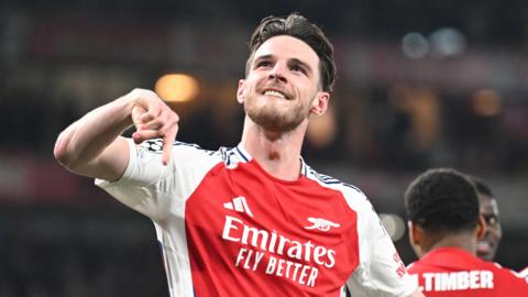 Arsenal's Declan Rice celebrates scoring free-kick against Real Madrid in the Champions League