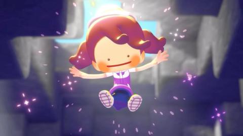 A screenshot from Pokopia shows Ditto - a shape-shifting Pokémon - in the form of a human child with overly long arms and oversized head, leaping for joy as purple sparks flash around them. They appear to be inside a cavern of some sort.