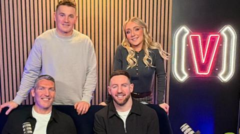 Back row L-R: Jonathan Davies and presenter Lauren Salter; front row L-R: James Hook and Alex Cuthbert