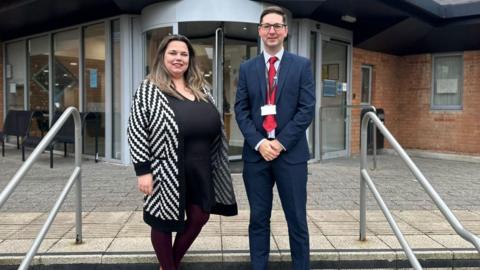 Council leader Richard Stanley and deputy leader Sarah Hands outside council offices in Tewkesbury.