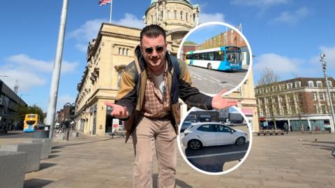 A man stands in Queen Victoria square in front of Hull City Hall, with the building’s domed roof and columns visible behind him. Two circular cut-out images show a bus and a car.